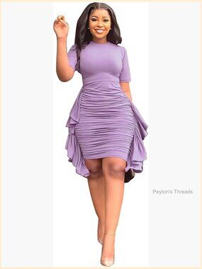 Ruched Bodycon Midi Dress Short Sleeve Ruffle Side Fitted Summer Dress